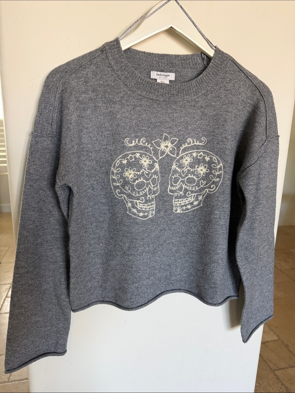 Haute Hippie Gray Skull Embroidered cropped Crewneck Sweater